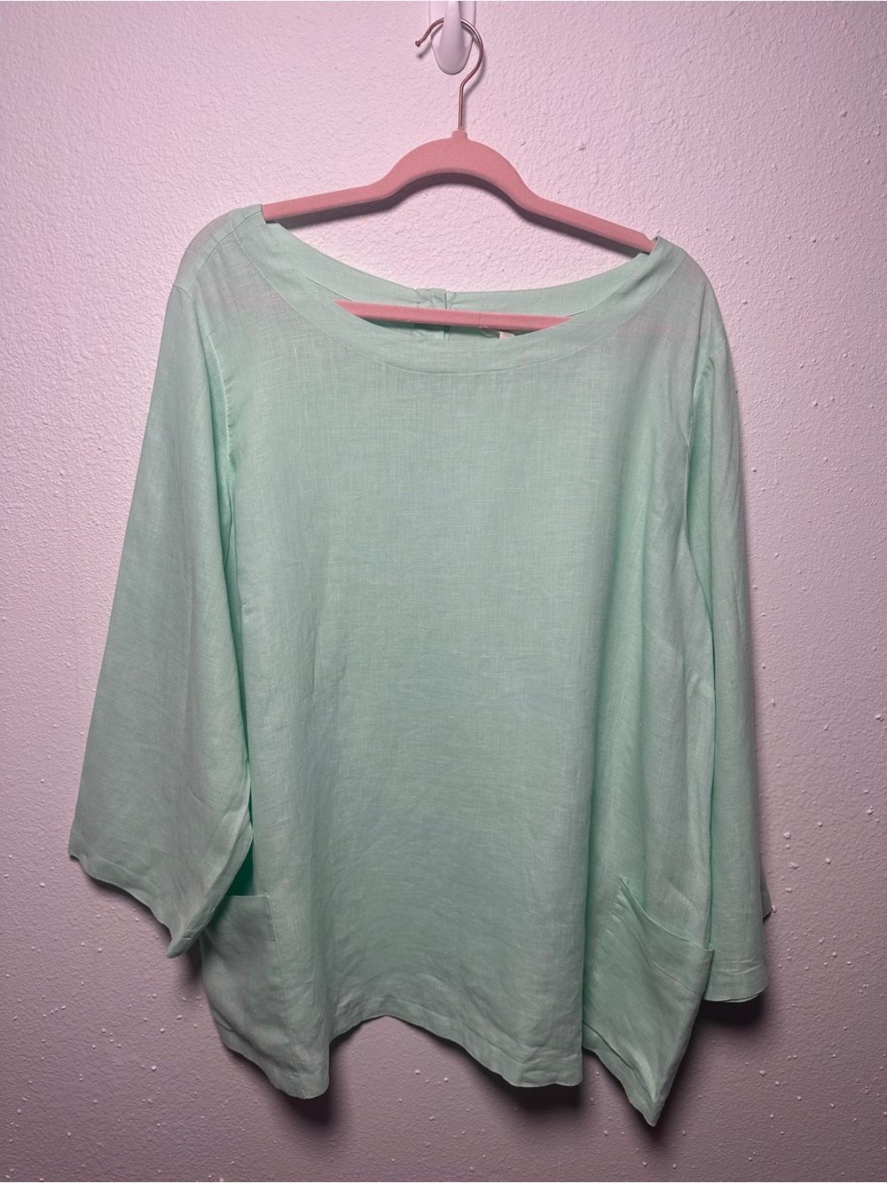 Eileen Fisher Organic Linen Bateau Neck Box Top with Pockets Mint Plus 1X - EUC